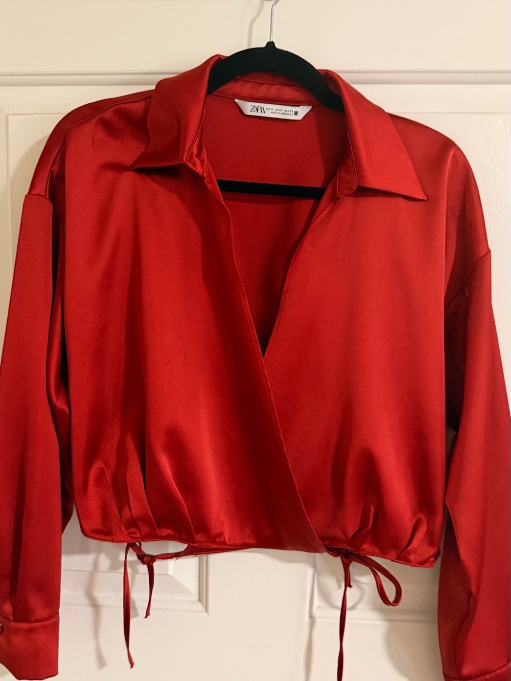 Zara Red Satin Wrap Blouse with Collar